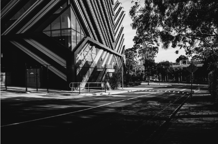 Exterior of modern building with street